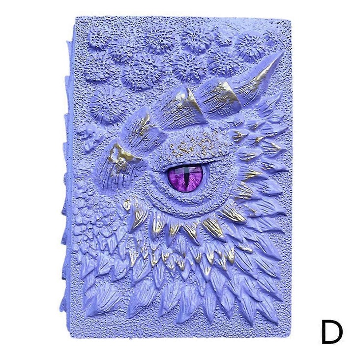 A5 Sárkány jegyzetfüzet, faragott gyanta borítóval, dekoratív szemmel és fényre változó hatással, Lila, 15x19x4 cm