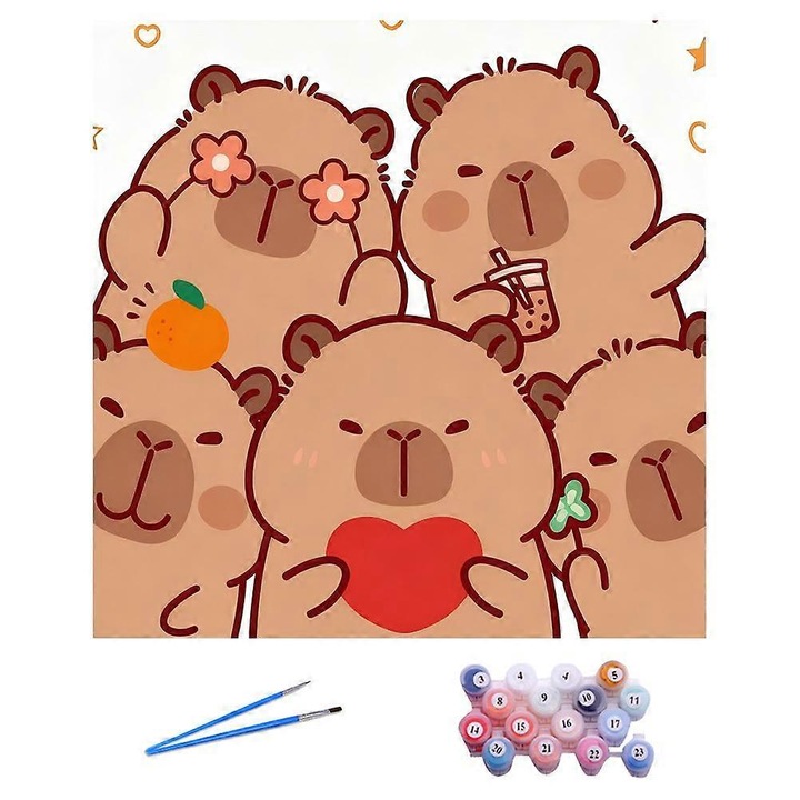 Festés számok szerint Capybara, DIY festőkészlet, akrilfestékekkel, előnyomott vászonnal és fa kerettel, ecsetekkel együtt, Többszínű, 20x20 cm, 1 db