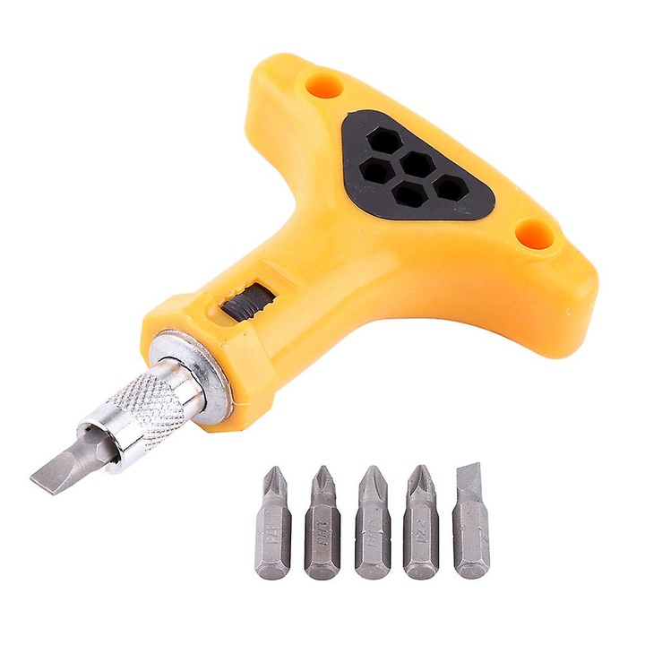 7 részes készlet, Racsnis csavarhúzó bitekkel, ergonomikus ABS markolat, 6 cserélhető bit PH1 PH2 PZ1 PZ2 S5 S6, Sárga