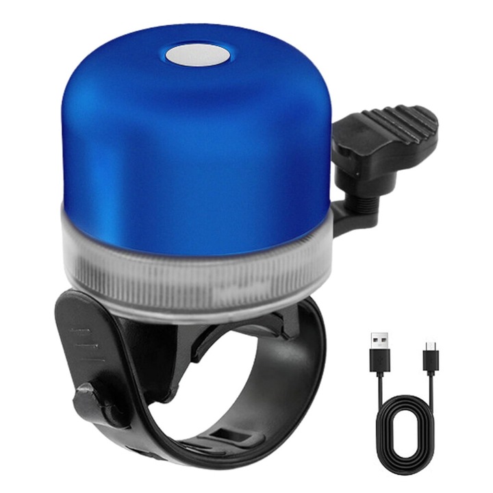 Sonerie bicicleta albastra, 3 moduri lumina, montare pe ghidon, ergonomic, universal