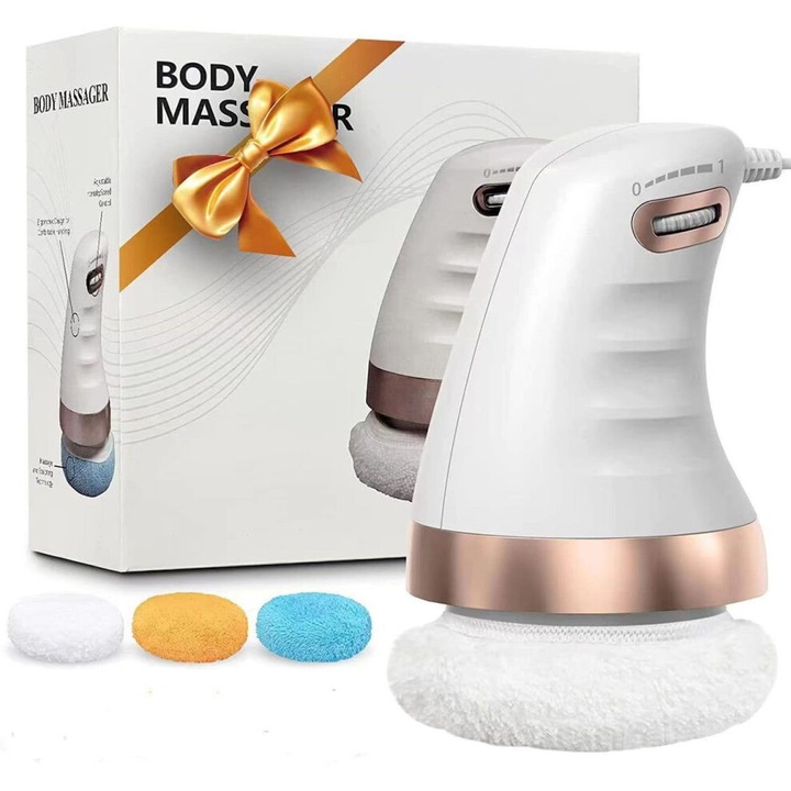 Уред за контуриране на тяло BodySculpt 1.0, антицелулитен апарат с високочестотни вибрации за дълбоко скулптуриране на тъканите, с 3 включени миещи се подложки, бял/розово злато, 1 бр.