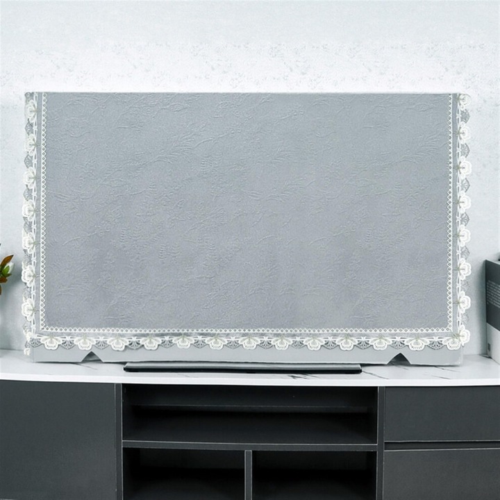 TV-takaró, 48 hüvelykes (111 x 66 cm) képernyővédő, pamut-vászon anyagból, hátul nyílással a kábelekhez, légáteresztő, hímzett csipkével a szélein, szürke, 1 db