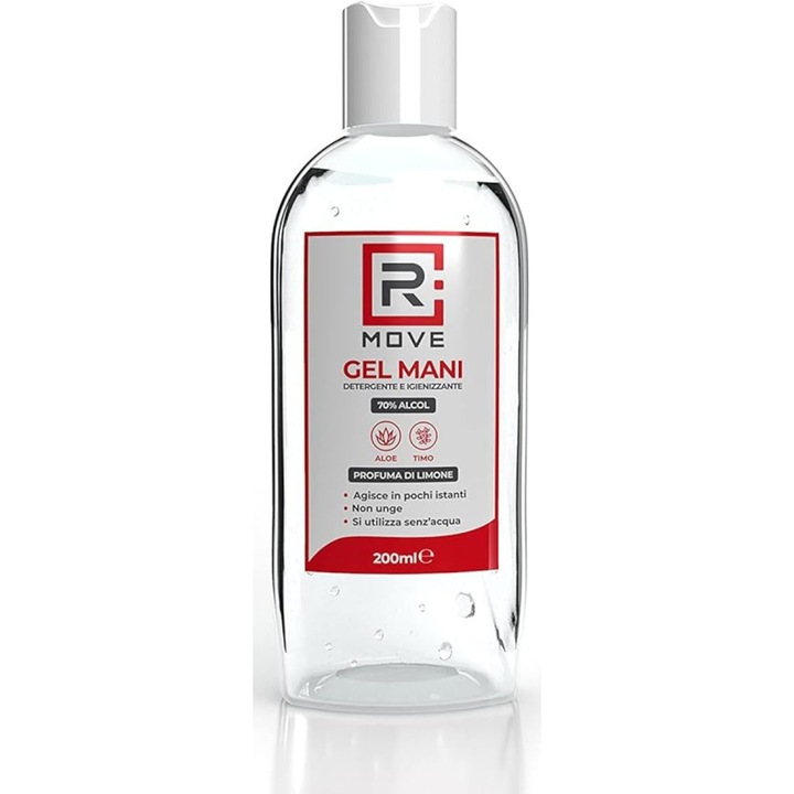 Kézfertőtlenítő gél, RMove, 70% alkohol, Aloe Verával és kakukkfűvel, Flip-Top kupak, 200 ml