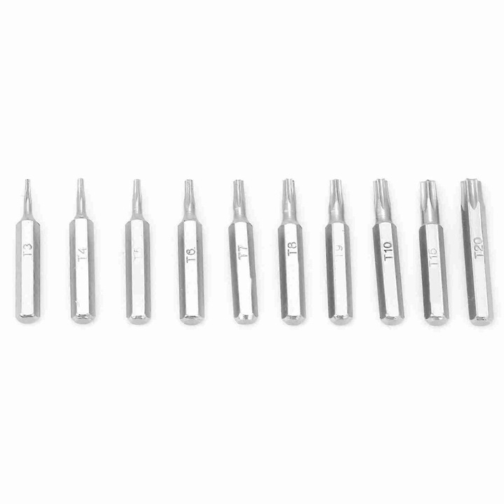 10 darabos készlet, Torx bitek (csavarhúzófejek) 4 mm-es szárral T3-T20, CR-V anyagból, korróziógátló bevonattal, elektronikai és telefonjavításhoz, ezüst, 10 x 1 db
