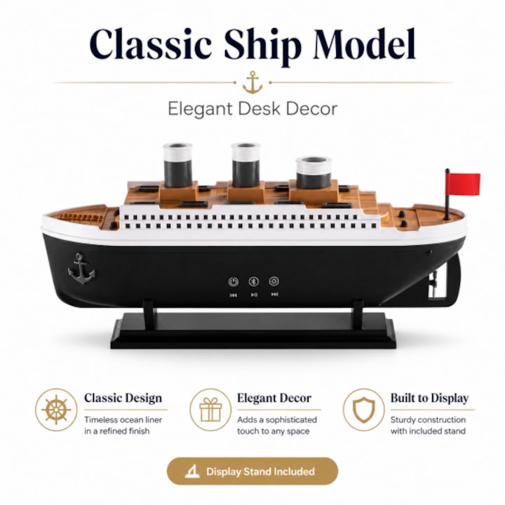 Model nava decorativa clasica, stil ocean liner, cu suport de expunere inclus, decor elegant pentru birou, raft sau casa, cadou pentru colectionari