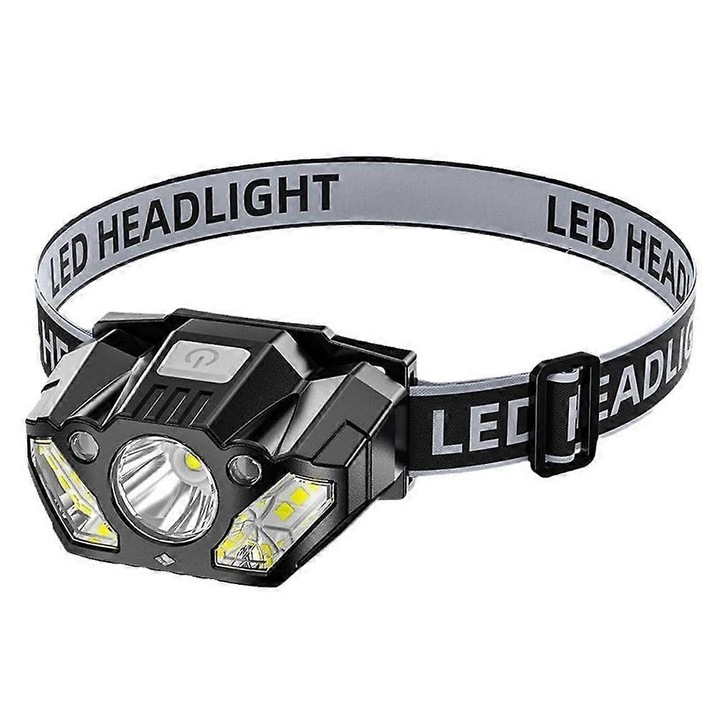 Lanterna frontala, lampa de cap LED cu senzor de miscare, reincarcabila, super luminoasa, banda reglabila, negru, 1 buc