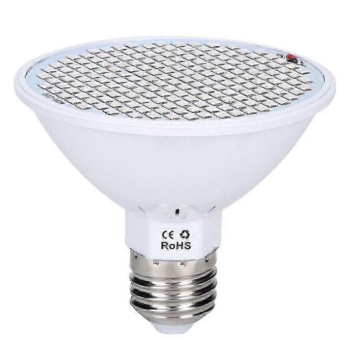 LED izzó növénytermesztéshez 200LED E27 30W, piros/kék spektrum 166/34 (620-660nm/440-460nm), 85-265V, alumínium hűtőborda, fehér, 1 db