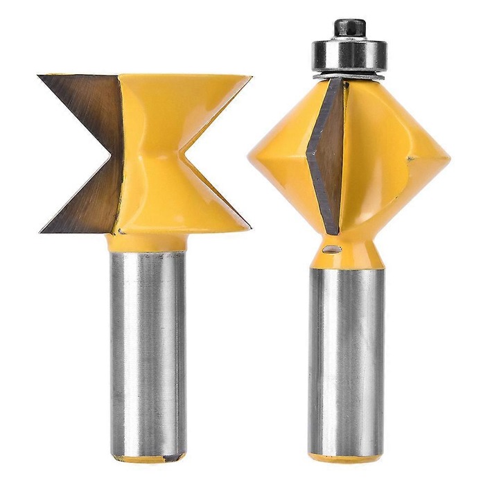 Set 2 bucati, freze pentru imbinari rame si tocuri, din carbura cimentata, unghi 90°, tija 1/2 inch, pentru lemn/placaj/PAL, galben/argintiu