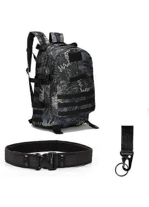 Rucsac tactic din nylon 1000D, cu buzunare multiple si fermoare, bretele captusite reglabile si curea de talie 1,5 inchi, negru camuflaj, 45L