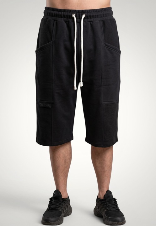 Pantaloni scurti 3/4 pentru barbati cu buzunare aplicate din bumbac premium Negru Marimea S