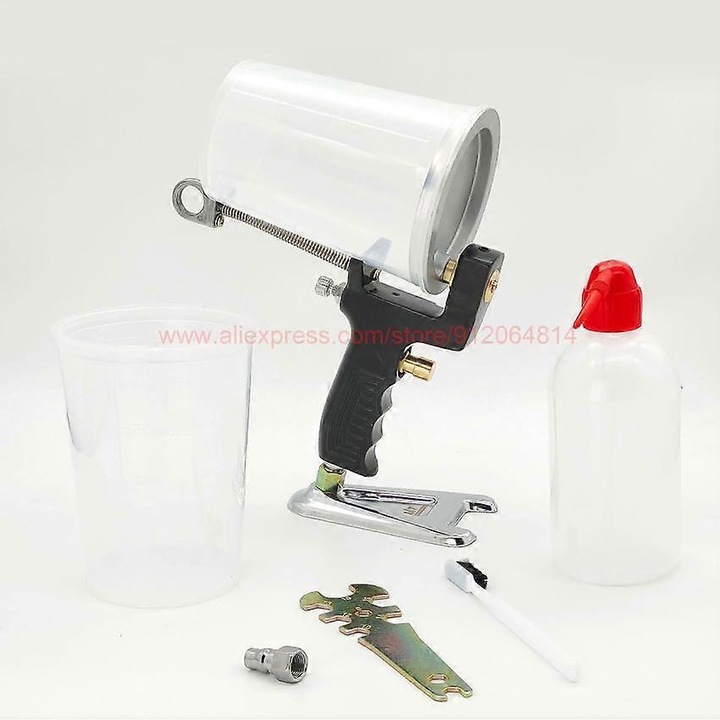 Pistol de pulverizare gelcoat G-100, pulverizator cu cupa gravitationala, duze 2.5/3.0/4.0/5.0/5.6/6.2 mm, pentru gelcoat si rasini epoxidice, aluminiu cu cupa din plastic, negru/transparent, 1 set