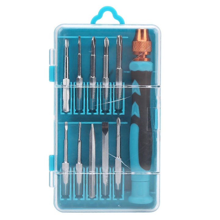 11 darabos készlet, Precíziós csavarhúzók bitekkel, mágneses hegy, ergonomikus csúszásmentes markolat, króm-vanádium acél, kék/fekete