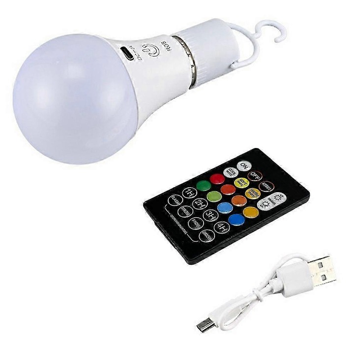 Bec LED E27 újratölthető, RGB távirányítóval és időzítővel, dimmelhető érintésérzékelővel, USB-C töltés, fehér, 1 db