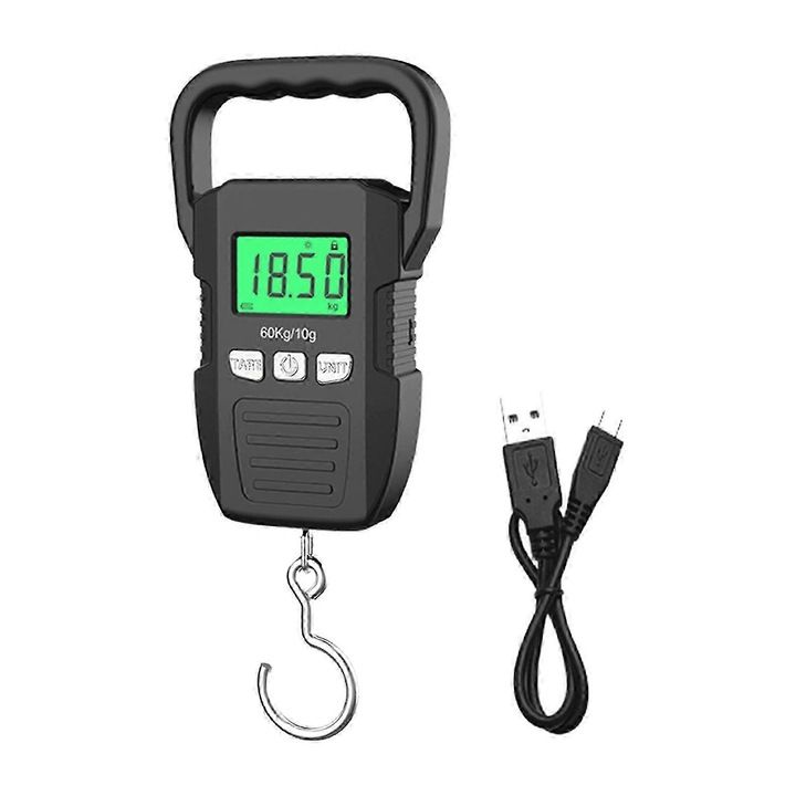 Cantar de mana digital, cantar portabil cu carlig pentru bagaje si pescuit, capacitate 60 kg, precizie 10 g, ecran LCD iluminat, incarcare USB, carcasa ABS, negru, 1 buc