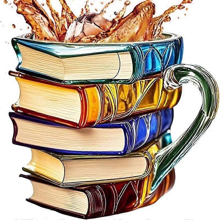 Стъклена чаша/канче, 3D във формата на нарисувани книги, за топли и студени напитки, подарък за любители на книги, Многоцветен, 1 бр.