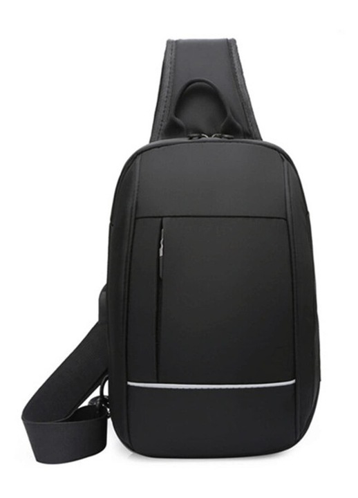 Vízálló, sűrű nylon sling/crossbody táska, USB töltőporttal és dedikált telefontartó zsebbel, Fekete, Kicsi