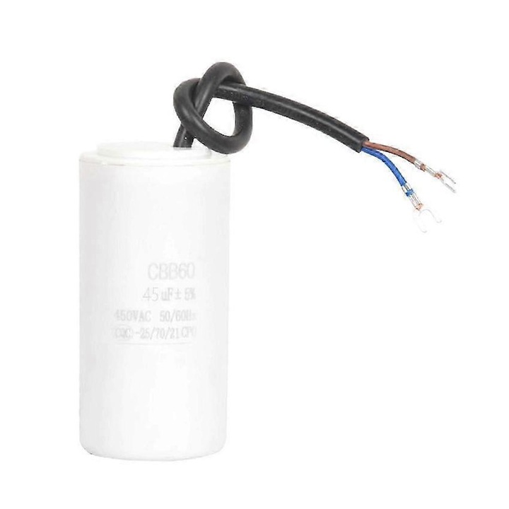 Condensator motor, condensator pornire CBB60 45 µF 450 VAC, nepolarizat, izolat plastic, alb, 1 buc