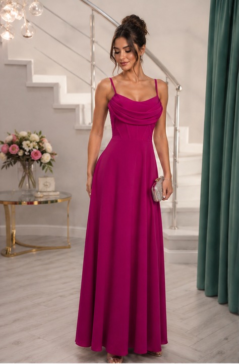 Rochie fucsia lunga pentru ocazii speciale cu corset si bust drapat, marime recomandata S-M