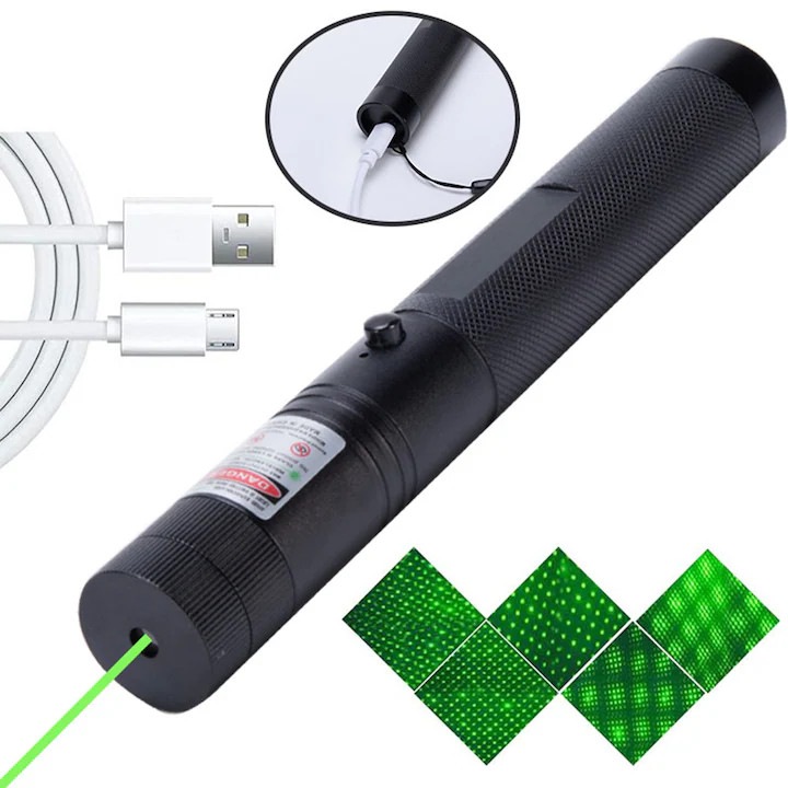 Lézer LED Mutató zöld fénnyel, YWX, USB töltés, 3D