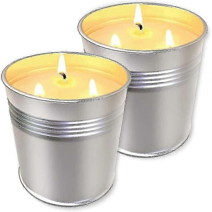 2 darabos szett, citronella illatú szójaviasz gyertyák, kültéri és beltéri használatra, újrafelhasználható ezüst fém tartóban, ezüst/sárga