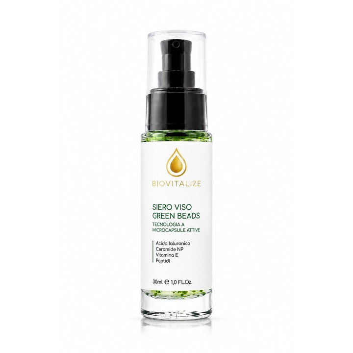 Ser Facial BIOVITALIZE cu Peptide, Acid Hialuronic, Ceramide NP, Vitamina E si Microcapsule Active Verzi, 30 ml, Made in Italy