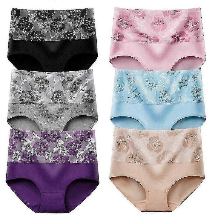 Set chiloti din bumbac cu elastan, talie inalta, fara cusaturi si absorbant – 6 bucati, Multicolor, 4XL