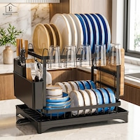 Scurgator Vase Etajat Elindor®, Suport Farfurii Chiuveta, Uscator Vesela, Tacamuri, Capace Oale, Tigai, Pahare, Tocator, Tava din Plastic cu Scurgere Rotativa 360°, Organizator Bucatarie Multifunctional, Otel Carbon, 42 × 30 × 29 cm, Negru