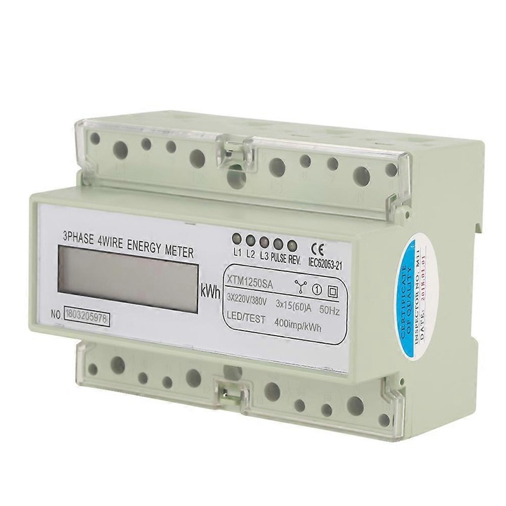 Contor electric trifazat kWh XTM1250SA, 3x220V/380V, 4 fire, montare pe sina DIN 35mm, afisaj LCD 6+1 cifre (999999.1 kWh), curent 15(60)A, clasa 1, Gri, 1 buc