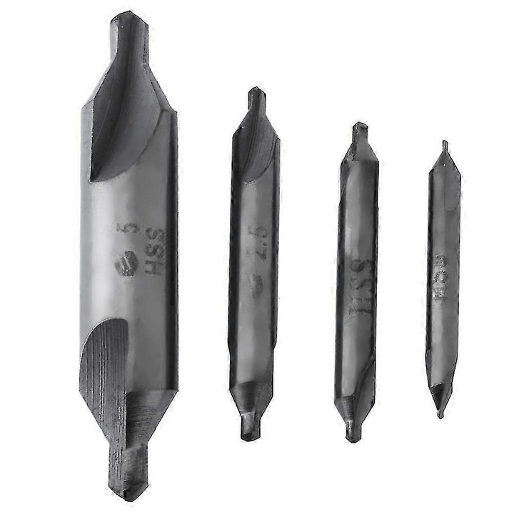 Set 4 bucati, Burghie de centrare HSS (burghie centru) cu unghi 60° dublu cap, 1/2/2.5/5 mm, tratament nitrurat, Negru