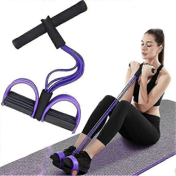 Banda de rezistenta pentru yoga cu 6 tuburi, corzi de tensiune multifunctionale cu pedala, manere cu spuma antiderapanta, TPE/NBR, Mov/Negru, 42x25.5 cm, 1 buc