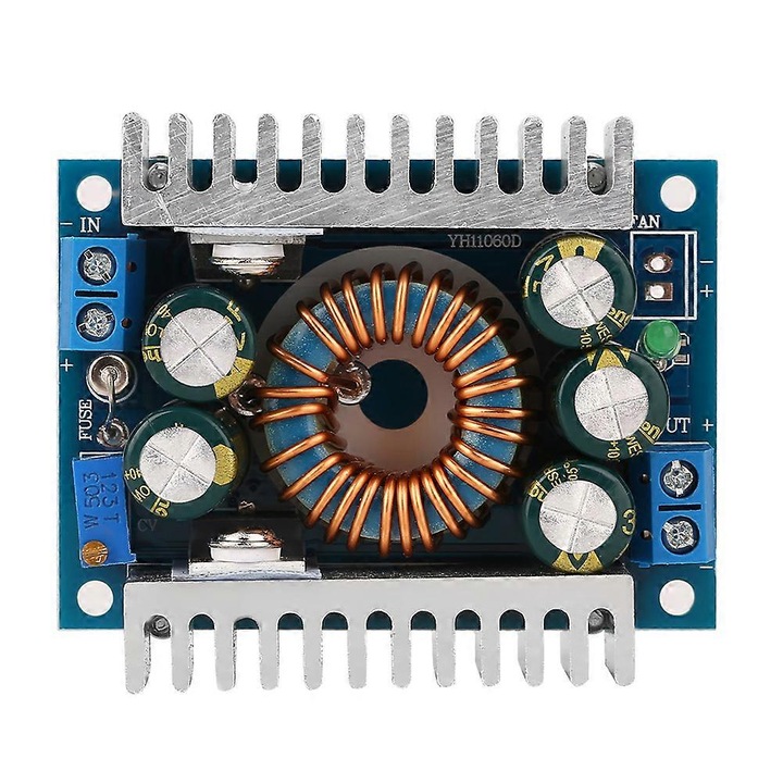 DC-DC step-down konverter/szabályzó modul 5-30V-ról 1.2-30V-ra, 0-12A, 100W (akár 200W továbbfejlesztett hűtéssel), alumínium hűtőbordákkal és LED jelzővel, kék, 1 db