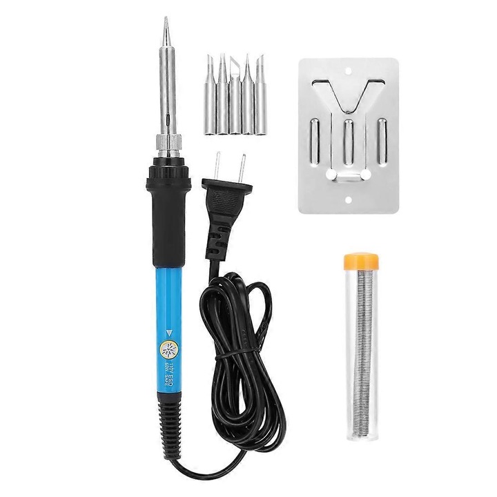 Pistol de lipit electric 60W, kit portabil cu reglaj temperatura 200-450°C, consum redus de energie, stecar US 110V, 5 varfuri schimbabile, suport si tub de cositor, Albastru/Negru