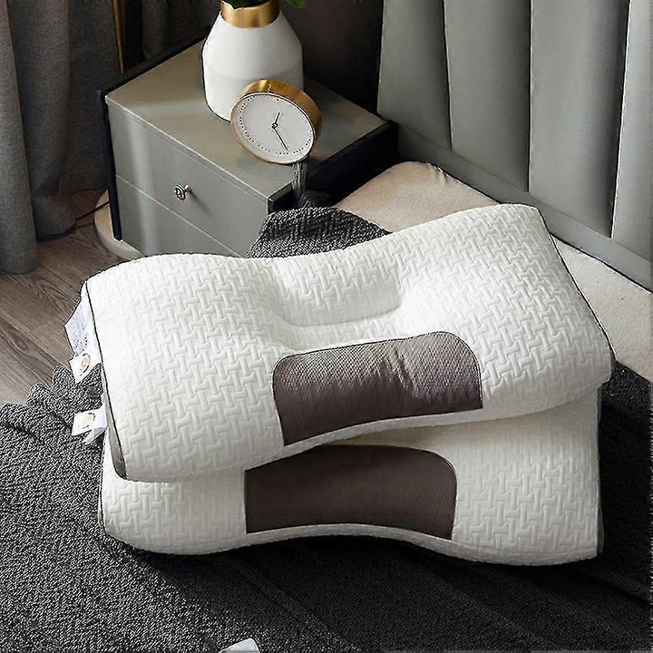 Perna ortopedica Wave High, perna anatomica ergonomica cu suport pentru gat si umeri, din bumbac tricotat, umplutura din catifea puf cu revenire rapida, hipoalergenica si lavabila la masina, alb/gri, 48 x 74 cm, 1 buc