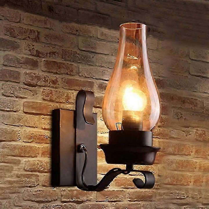 Aplica de perete, lampa de perete Retro Industrial cu scripete, din fier, abajur sticla, soclu E27 (bec neincl.), maro, 30x20 cm, 1 buc