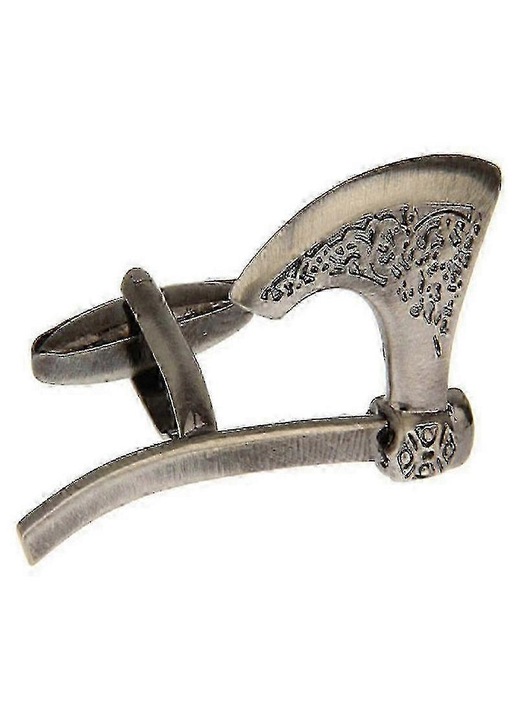Butoni pentru camasa, metal, cu forma de topor design medieval, in cutie cadou cu laveta din microfibra, bronz inchis/negru