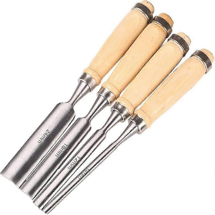 Set 4 bucati, dalti/dalte pentru sculptura in lemn, latimi 6/12/18/24 mm, lungime totala 240 mm, lungime lama 238 mm, maner lemn 100 mm, natural