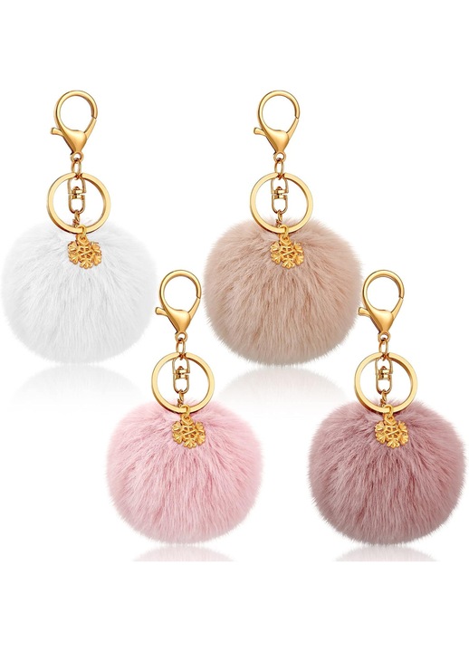 Műszőrme pompon kulcstartó szett hópelyhes charm-mal és fém gyűrűkkel – 4 darab, Többszínű, átmérő 8 cm
