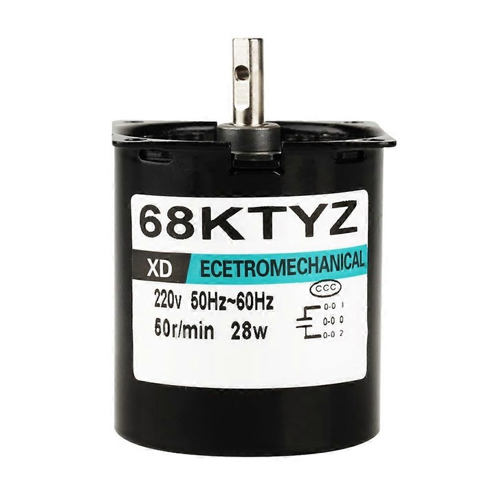 Permanens mágneses szinkron villanymotor 68KTYZ, 28W, 220V AC, 50 ford./perc, óramutató járásával megegyező/ellentétes irányú forgás, fém fogaskerék, réz tekercs, fekete, 1 db
