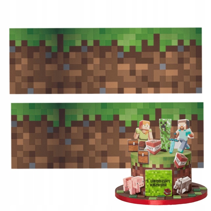 Imprimeu din zahar, Słodka Fanaberia, Minecraft, 2 piese, obloane baze ideale pentru marginea tortului, structura rezistenta premium, aplicare rapida stabila, efect vizual spectaculos, decoratiuni tematice fine