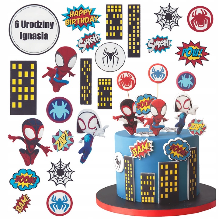 Imprimeu din zahar, Słodka Fanaberia, Spidey Marvel, 21 piese, ornamente tematice moderne, culori vii deosebite, structura neteda groasa, taiere usoara cu foarfeca, transforma desertul in opera de arta unica