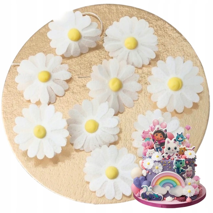 Flori din vafa, Słodka Fanaberia, Margarete, 9 piese, ornamente elegante pentru tort, ofera aspect de primavara, structura usoara, aplicare rapida pe briose, gust neutru, transforma deserturile, decor perfect pentru nunta