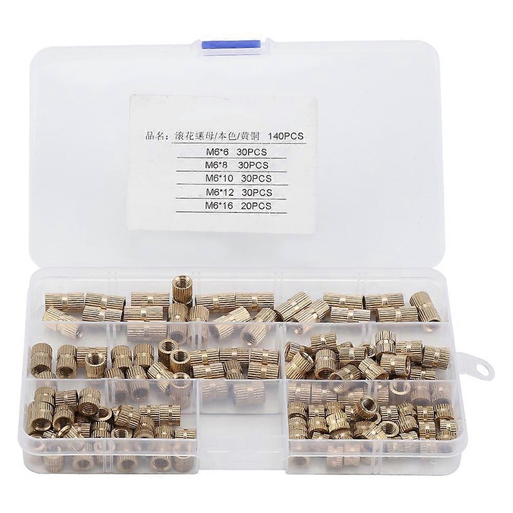 Set 140 bucati, insertii filetate cilindrice din alama, suprafata zimtata pentru prindere, filet M6 (30 x 6mm, 30 x 8mm, 30 x 10mm, 30 x 12mm, 20 x 16mm), auriu, cutie plastic