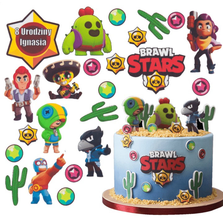 Set decorare tort, Słodka Fanaberia, Brawl Stars, 23 piese, imprimeu zaharat premium, placuta personalizata inclusa, culori stralucitoare saturate, decupare simpla acasa, efect vizual spectaculos, bucurie totala pentru fanii jocului