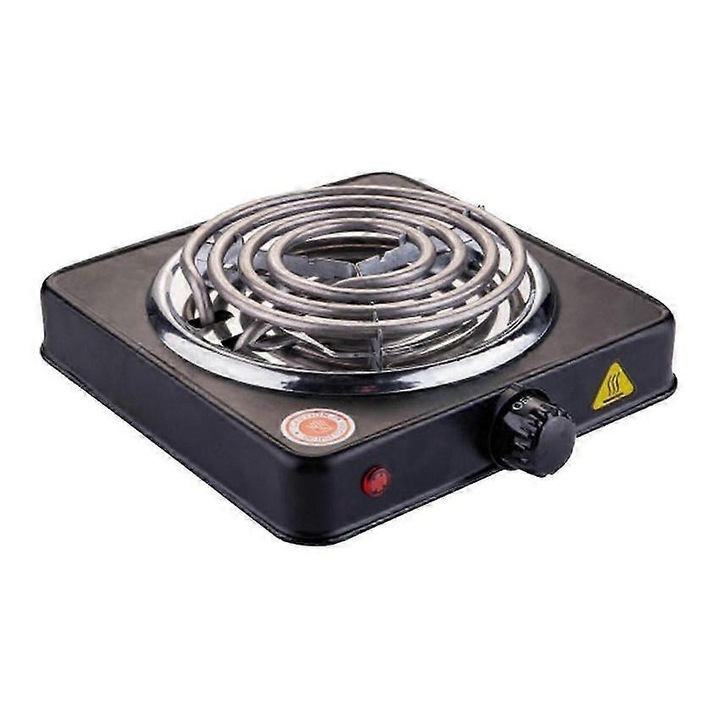 Plita electrica/arzator cu spira, 1000W, metalica, reglaj 5 trepte, usor de curatat, indicator luminos, 21x21 cm, negru, 1 buc