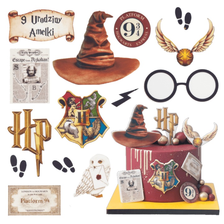 Set decorare tort, Słodka Fanaberia, Harry Potter, 12 piese, placuta personalizata inclusa, design magic spectaculos, detalii grafice clare, culori de lunga durata, decupare confortabila acasa, impresie maxima oaspeti, aniversare de vis