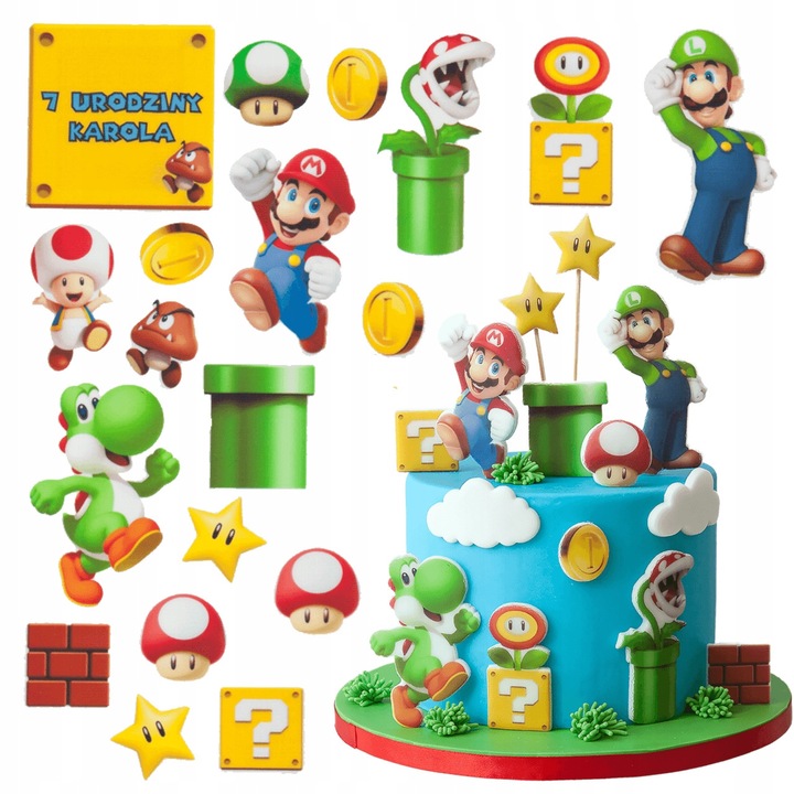 Set decorare tort, Słodka Fanaberia, Super Mario, 18 piese, foi zahar calitate inalta, placuta personalizata cadou, culori saturate clare, aplicare simpla intuitiva, design modern activ, impresioneaza invitatii, momente magice, calitate premium