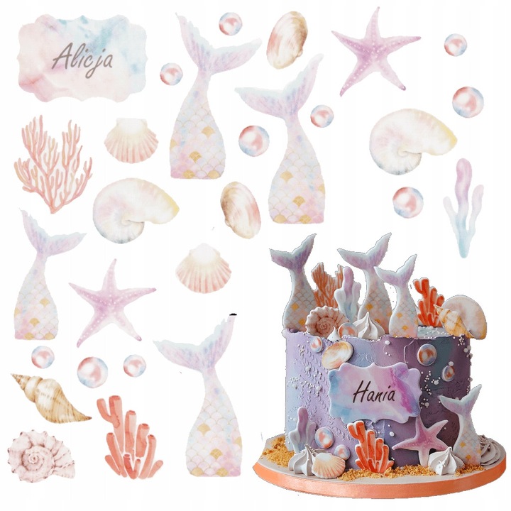 Set decorare tort, Słodka Fanaberia, Sirene, 27 piese, hartie zahar premium, placuta personalizata inclusa, detalii marine superbe, culori vii rezistente, decorare simpla fara efort, efect vizual uimitor, petrecere de vis
