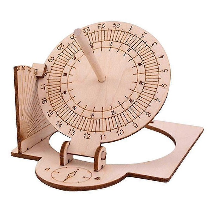 Ceas solar echatorial (cadran solar) din lemn, kit DIY de asamblare manuala, educational, cu busola mica, pliabil si compact, Natural, 1 buc, 14.8x11.2x9 cm