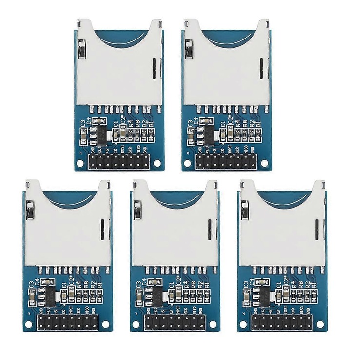 5 darabos készlet, SD kártya olvasó/író modul, kompatibilis standard SD kártyákkal, SPI interfész, 3.3/5V üzemi feszültség, kék, 5.1x3 cm