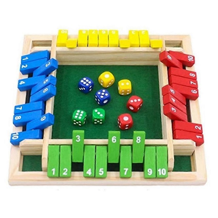 Joc de societate Shut The Box din lemn, portabil, educativ pentru 2-4 jucatori, 12 blocuri, 8 zaruri, Multicolor, 1 set